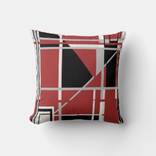Black Grey White on Dark Red Abstract Labyrinth Throw Pillow
