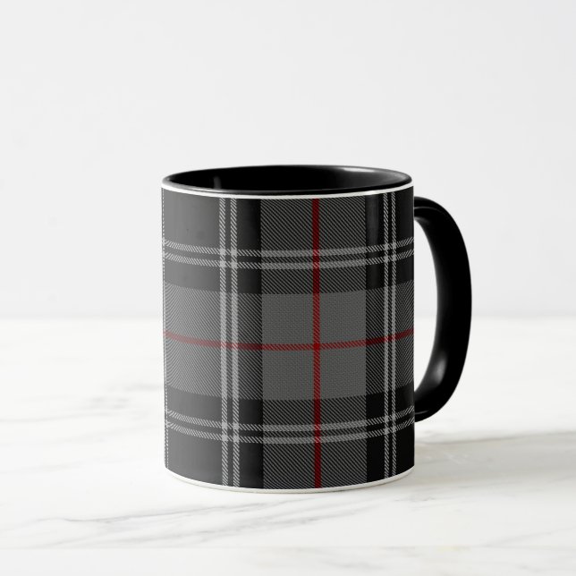 Black Grey White Red Tartan Plaid Mug (Front Right)