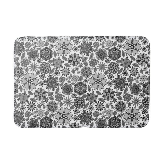 Black Grey White Retro Floral Art Seamless Pattern Bath Mat (Front)