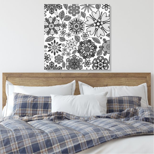 Black Grey White Retro Floral Art Seamless Pattern Canvas Print (Insitu(Bedroom))