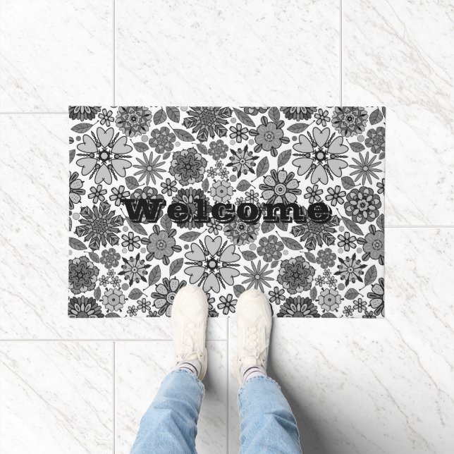 Black Grey White Retro Floral Art Seamless Pattern Doormat (Indoor)
