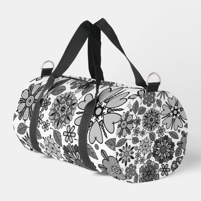 Black Grey White Retro Floral Art Seamless Pattern Duffle Bag (Left Corner)