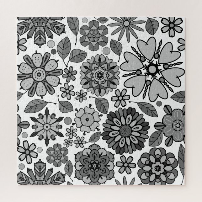 Black Grey White Retro Floral Art Seamless Pattern Jigsaw Puzzle (Vertical)