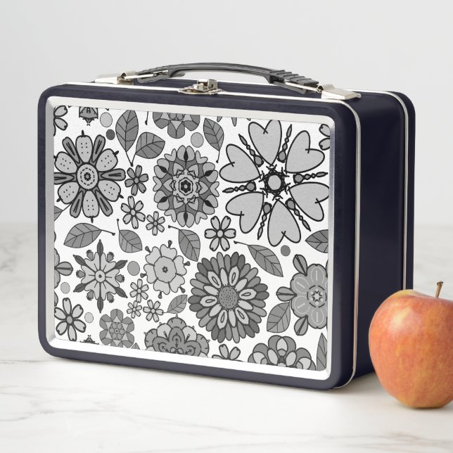 Black Grey White Retro Floral Art Seamless Pattern Metal Lunch Box (In Situ)