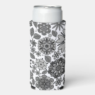 Black Grey White Retro Floral Art Seamless Pattern Seltzer Can Cooler