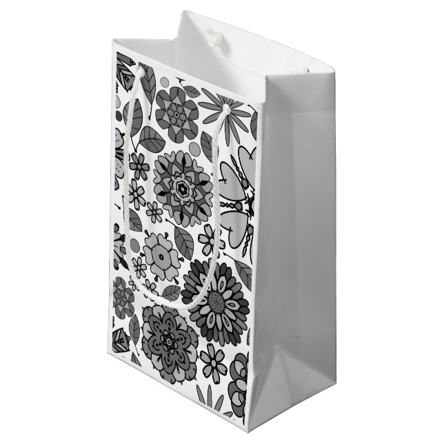Black Grey White Retro Floral Art Seamless Pattern Small Gift Bag (Front Angled)