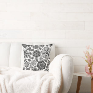 Black Grey White Retro Floral Art Seamless Pattern Throw Pillow