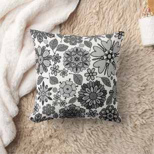 Black Grey White Retro Floral Art Seamless Pattern Throw Pillow