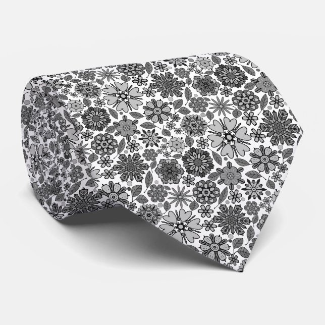 Black Grey White Retro Floral Art Seamless Pattern Tie (Rolled)