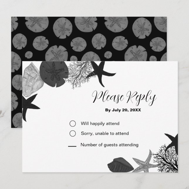 Black-grey-white seashell casual RSVP card (Front/Back)