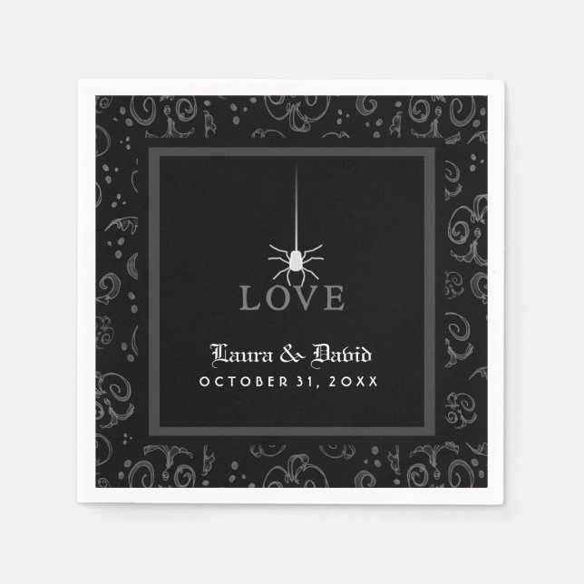 Black Grey & White Spider LOVE Halloween Wedding Napkin (Front)