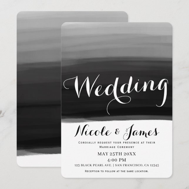 Black Grey White Watercolor Modern Glam Wedding Invitation (Front/Back)