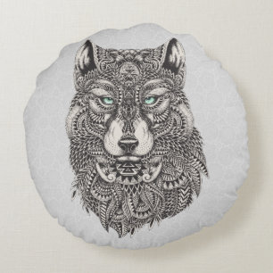 Black & Grey Wolf head Illustration Round Pillow