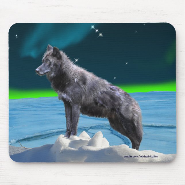 Black Grey Wolf & Northern Lights Fantasy Mousepad (Front)