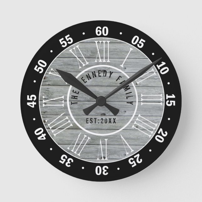 Black Grey Wood Farmhouse Family  Name 60 Minutes Round Clock (Front)