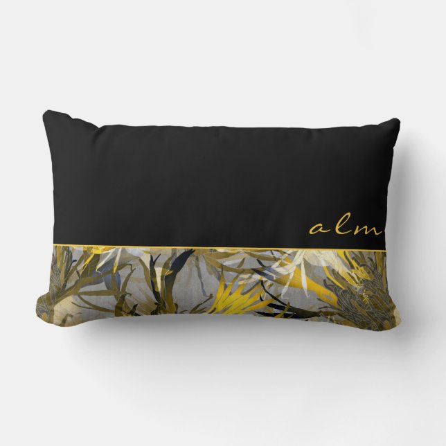 Black Grey & Yellow Artistic Floral | Monogram Lumbar Pillow (Front)
