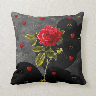 Black Grunge Hearts with Red Rose Throw Pillow
