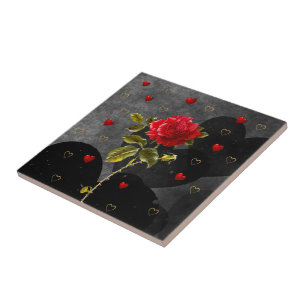 Black Grunge Hearts with Red Rose Tile