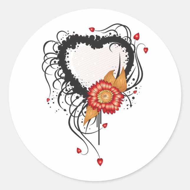 Black Grunge Style Heart and Flower Classic Round Sticker (Front)