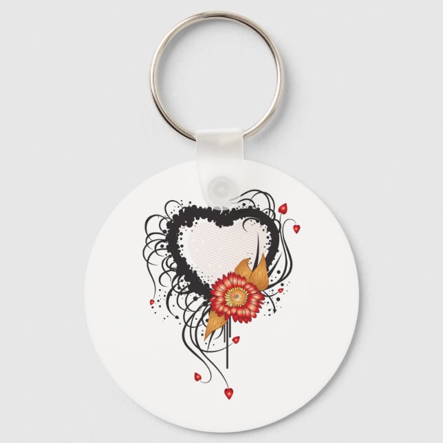 Black Grunge Style Heart and Flower Keychain (Front)