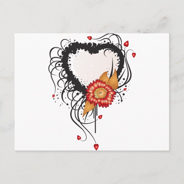 Black Grunge Style Heart and Flower Postcard (Front)