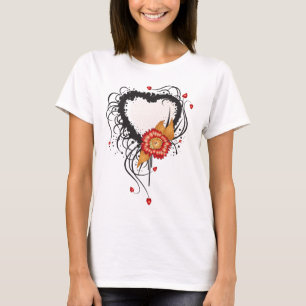 Black Grunge Style Heart and Flower T-Shirt
