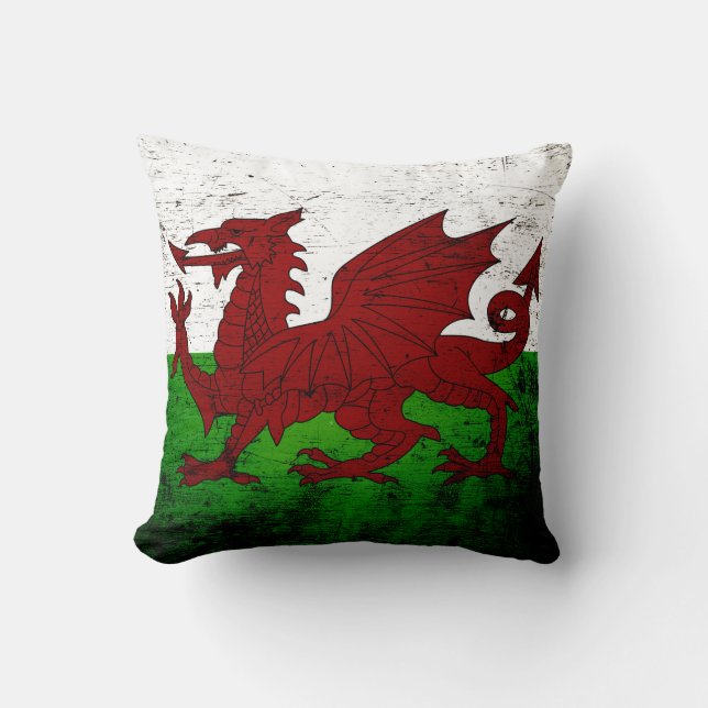 Black Grunge Wales Flag Throw Pillow (Front)