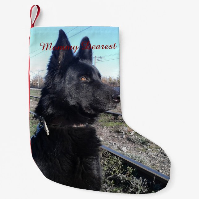 Black GSD with Train Tracks Small Christmas Stocking (Front)
