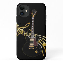 Black Guitar on Golden Music Score iPhone Case