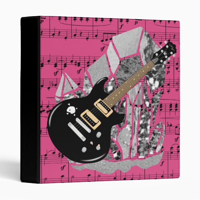 Black Guitar Pink Sheet Music Silver Crystal Binder (Front/Spine)