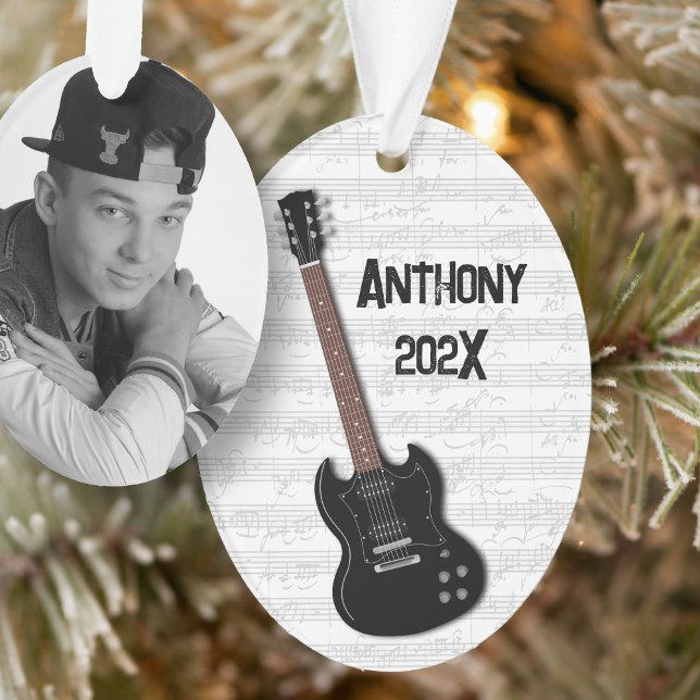 Black Guitar Teen Boys Name Date Ornament (Creator Uploaded)