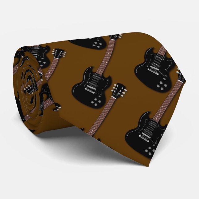 Black Guitars on Brown Musician Band Member Tie (Rolled)