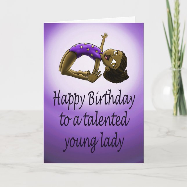 Black Gymnast Purple Birthday Card (Front)