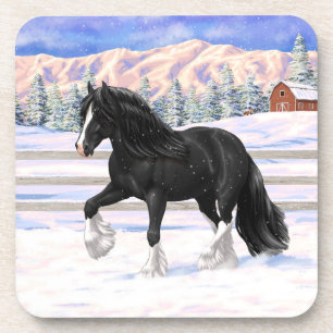Black Gypsy Vanner Irish Cob Draft Horse In Snow Coaster