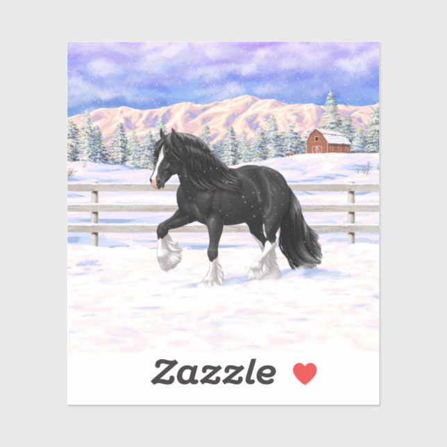 Black Gypsy Vanner Irish Cob Draught Horse In Snow (Sheet)