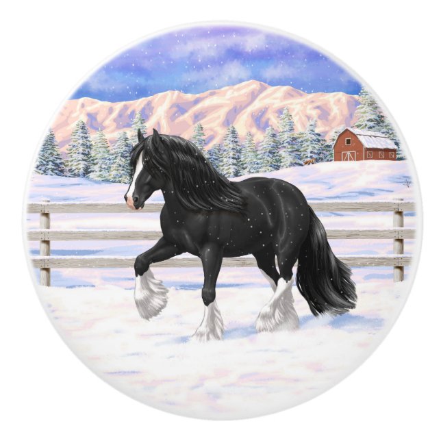 Black Gypsy Vanner Irish Cob Draught Horse In Snow Ceramic Knob (Front)