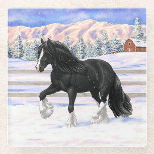 Black Gypsy Vanner Irish Cob Draught Horse In Snow Glass Coaster