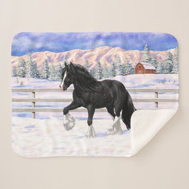 Black Gypsy Vanner Irish Cob Draught Horse In Snow Sherpa Blanket (Front (Horizontal))