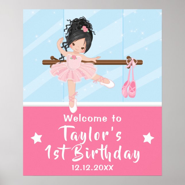 Black Hair Ballerina Pink Tutu Welcome Sign (Front)