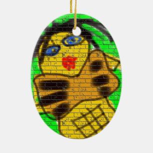 Black Hair Bee Woman Graffiti Wall Painting Green Ceramic Ornament