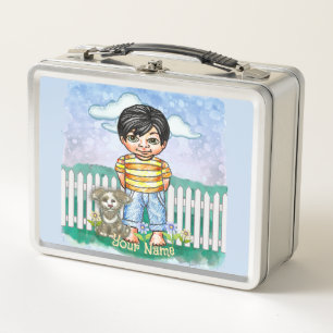 Black Hair Boy and Dog Metal Lunch Box