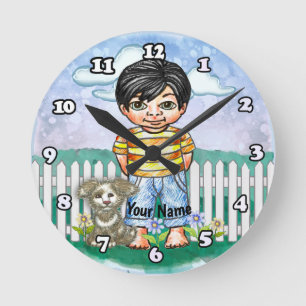 Black Hair Boy and Dog  Round Clock