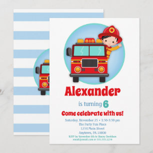 Black Hair Boys Firefighter Birthday Invitation