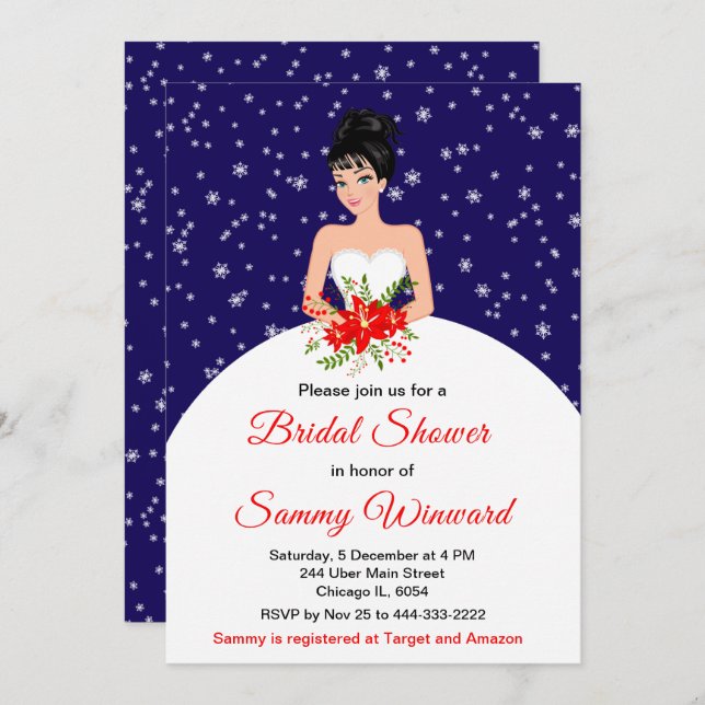 Black Hair Bride Snowflake Navy Bridal Shower Invitation (Front/Back)
