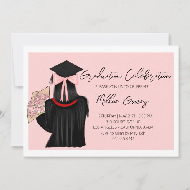Black Hair Coquette Graduation Party Invitation (Front)