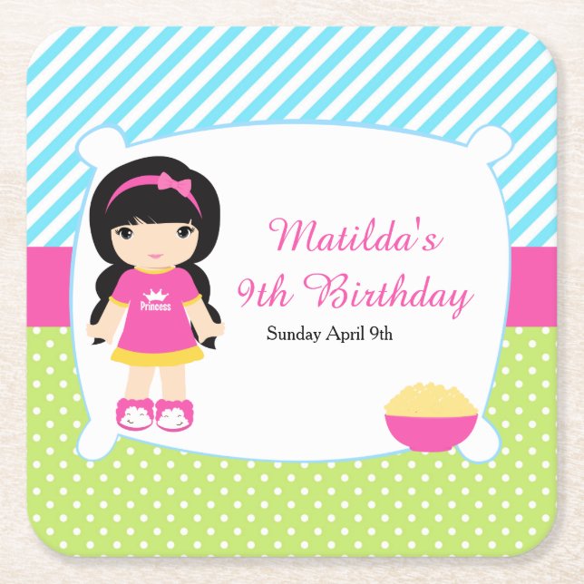 Black Hair Girl Sleepover Slumber Party Square Paper Coaster (Front)