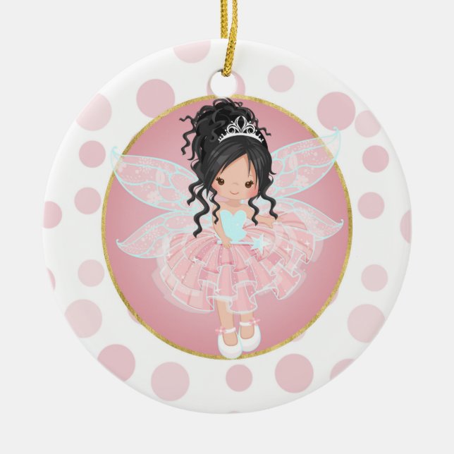 Black Hair Pink Fairy Ceramic Ornament (Front)