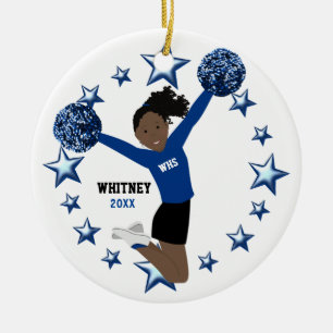 Black Hair Ponytail Pom Poms In Blue & Black Ceramic Ornament