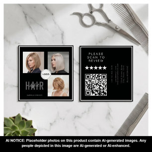 Black Hair Stylist Photo Collage QR Code & Review Square Business Card