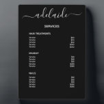 Black Hair Stylist Salon Price List Service Menu Plaque<br><div class="desc">Customize this black hair stylist salon service menu plaque to easily create a price list for your services. Personalize with your salon stylist signature in an elegant white script typography. Place on your table, shelf, or counter. Perfect for hair salons, nail salons, lash extension and makeup artist services, beauty bars,...</div>